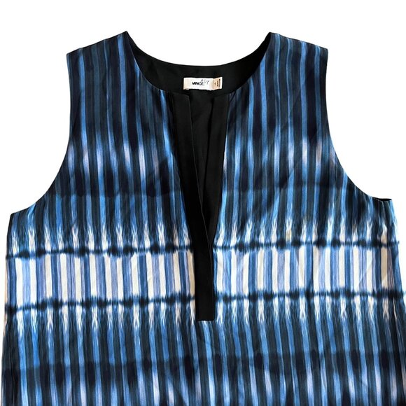 XS EUC Vince Silk Sleeveless Black Denim Blue Tie Dye Lined Summer Shift Dress - Picture 4 of 12
